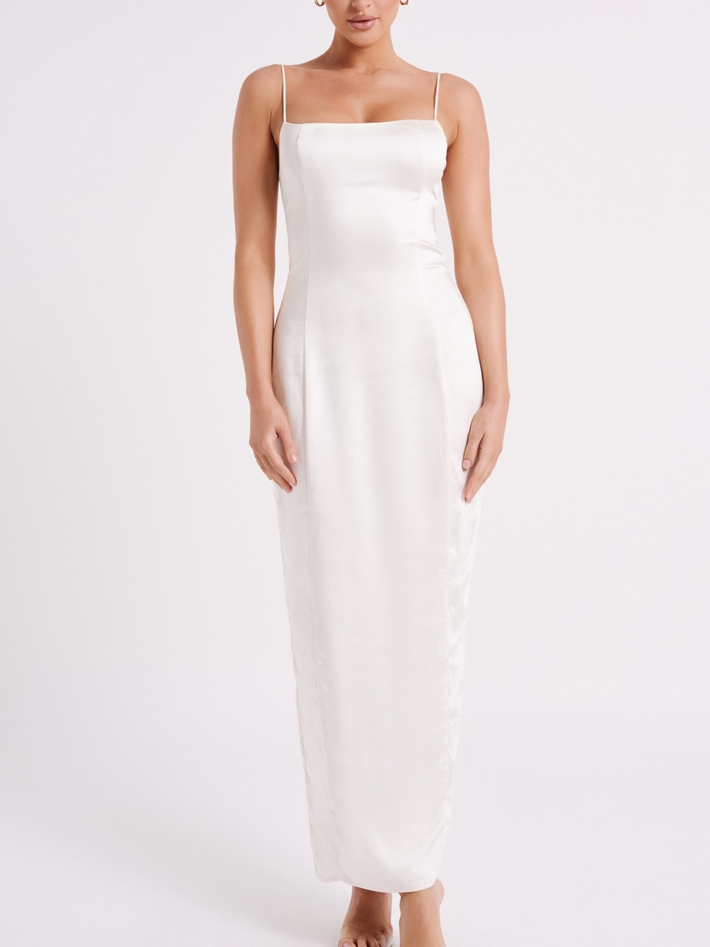 Meshki Ivory Satin Slip Maxi Dress with Spaghetti Straps